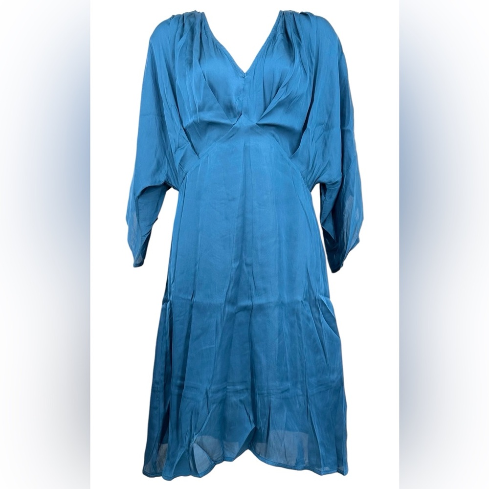 Strut & Bolt Women’s S Midnight Blue Satin Midi V-Neck Dress NWT Flare Sleeves - Picture 2 of 13